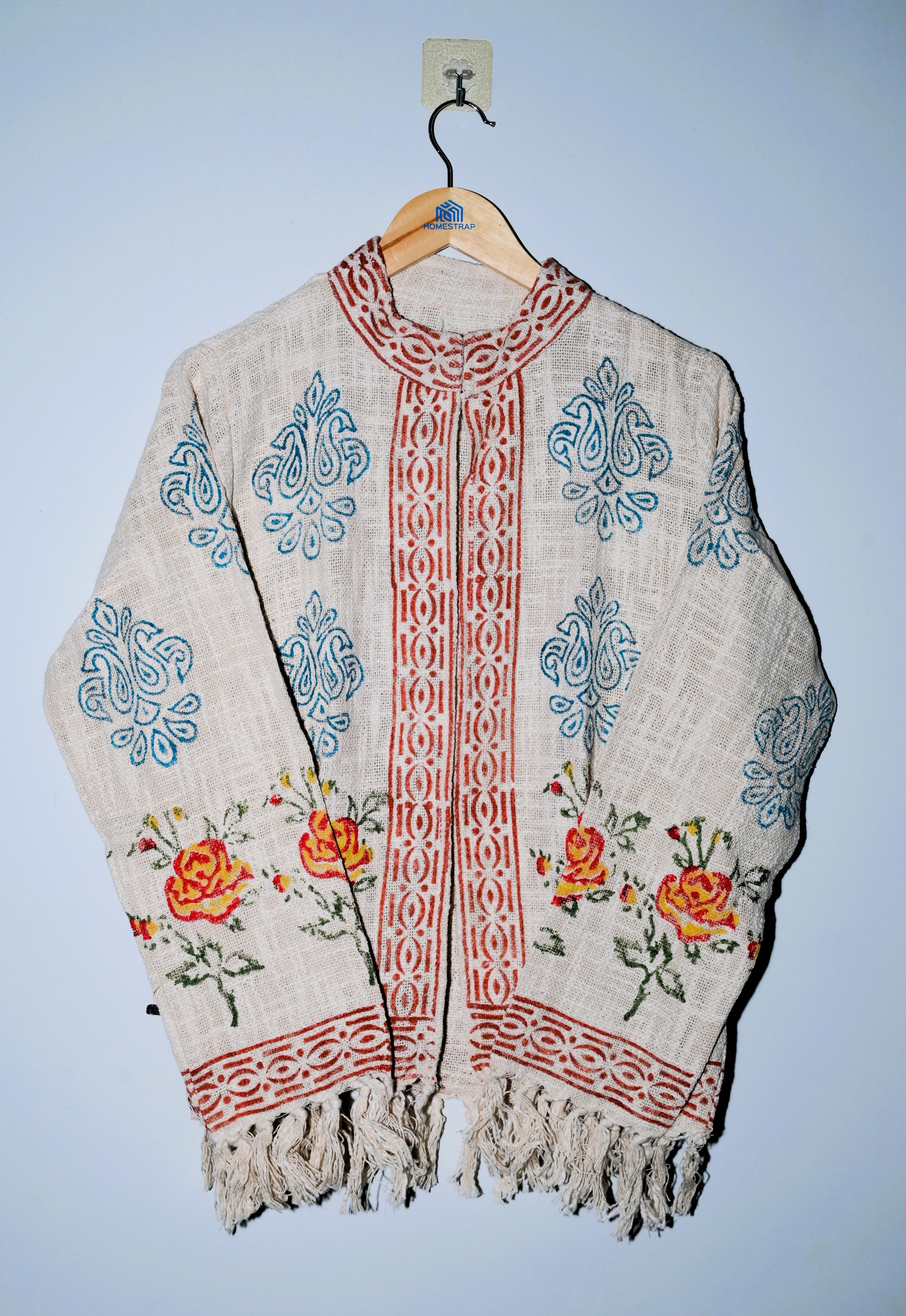 White Cream Base with Blue Rust Orange Floral Print