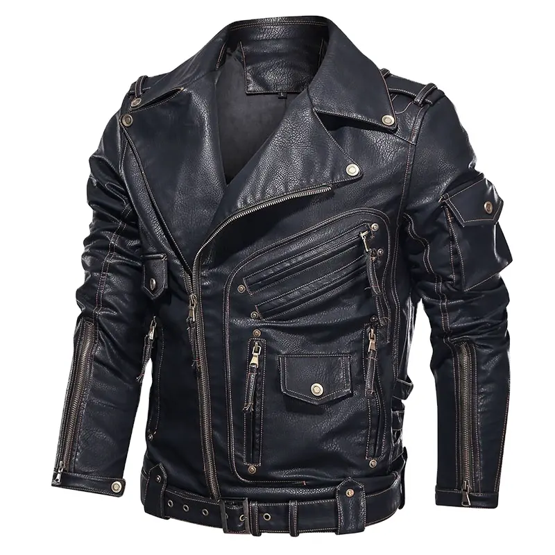 Wholesale High Quality Professional Factory Motorbike Leather Jacket Coat Plus Size Man's Heavy Leather Jackets with Belt