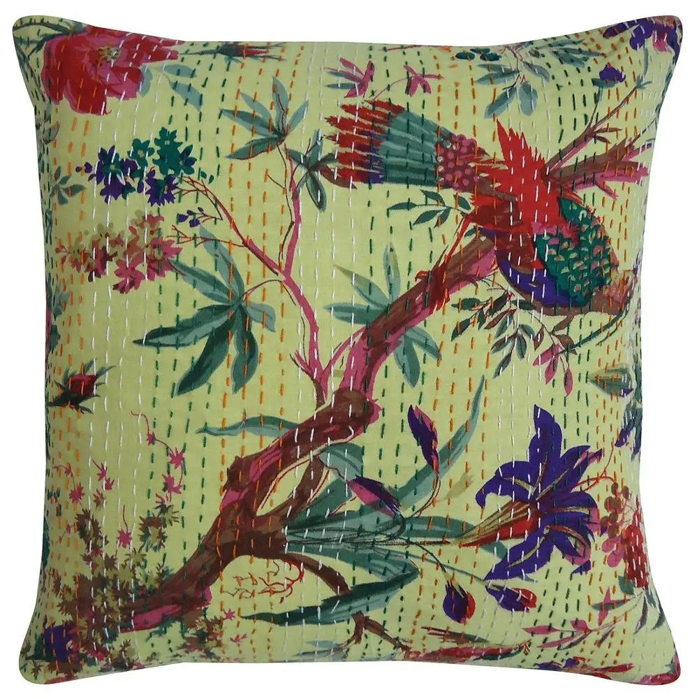 Best Quality Wholesale Home Decorative Kantha Work Bird Print Pillow Cushion Cover Throw Sofa Boho Decor Art