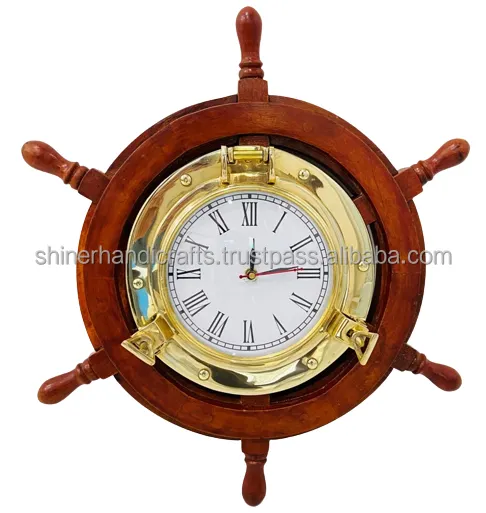 Dekorasi dinding Premium kayu kerajinan tangan bahari roda kapal jam kayu | Aksen bajak laut | Jam waktu maritim (18 inci)