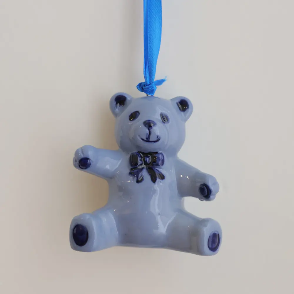Hand Painted Porcelain Blue Cute Mini Bear Custom Shape Ceramic Ornament Figurine with Customizable Christmas Gift Bag