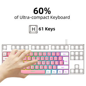 HXSJ V700 Mini Custom 61 teclas con cable RGB Arco Iris retroiluminado Rosa Gaming Keyboard Mute Membrane Keyboard con interfaz USB para niñas - Product Image 5
