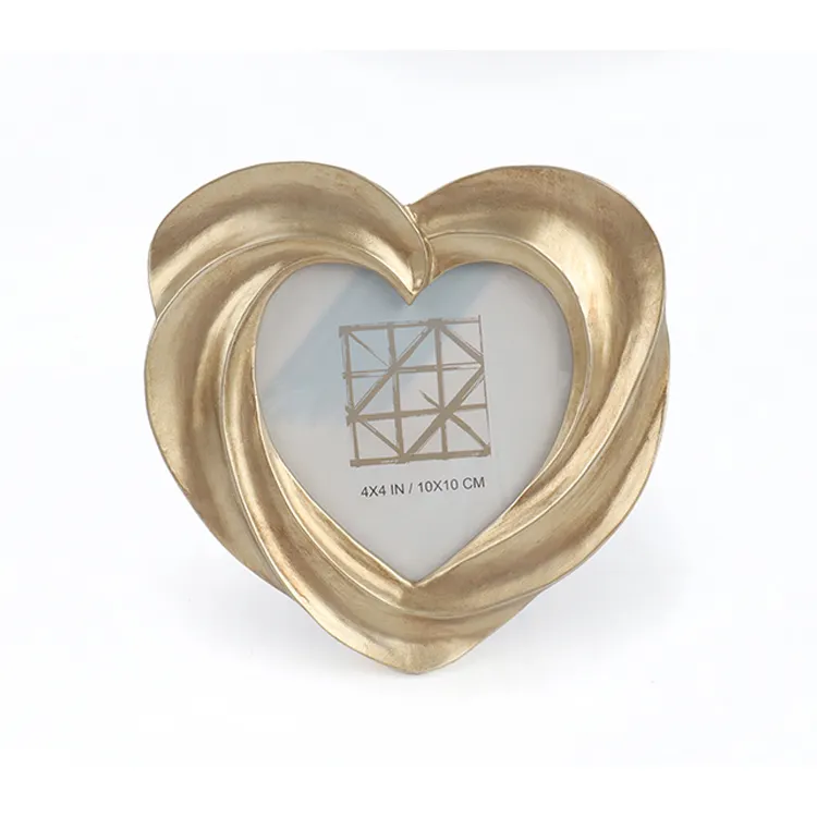 OEM döküm poli reçine altın kalp şekli tasarım fotoğraf çerçevesi 4 "x 4" fotoğraf