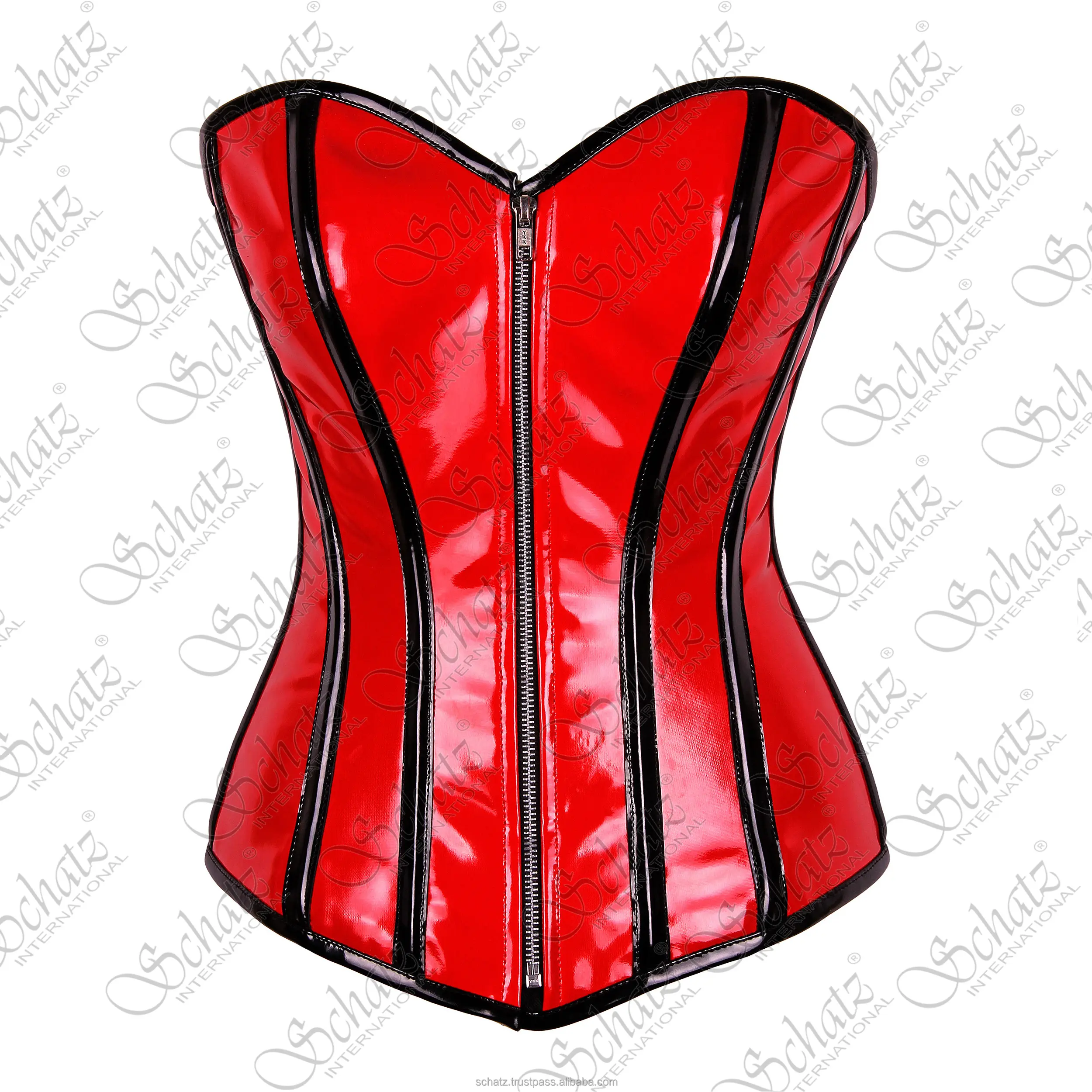 Neue Mode und Party-Kleidung Korsett Oberteil Überbau stahlgelenktes rotes PVC-Korsett mit PVC-Besenung und Zier schweres Korsettkleid