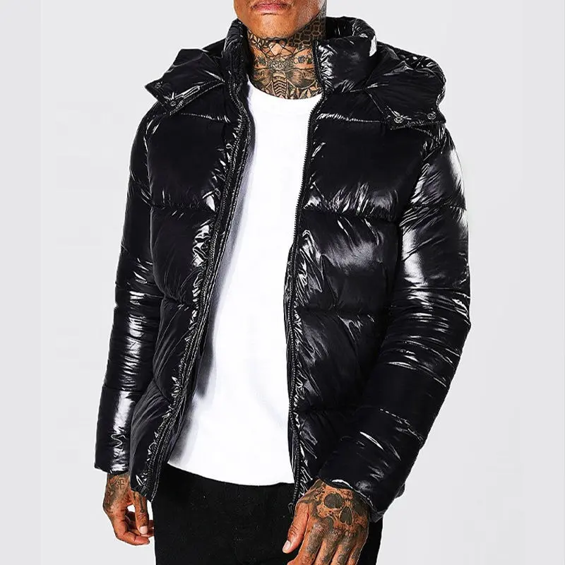 Abrigo acolchado con capucha Heavy Designer Puff Oem Logo Oversized Men's Down Bubble Winter Black Custom Men Shiny Puffer Jacket