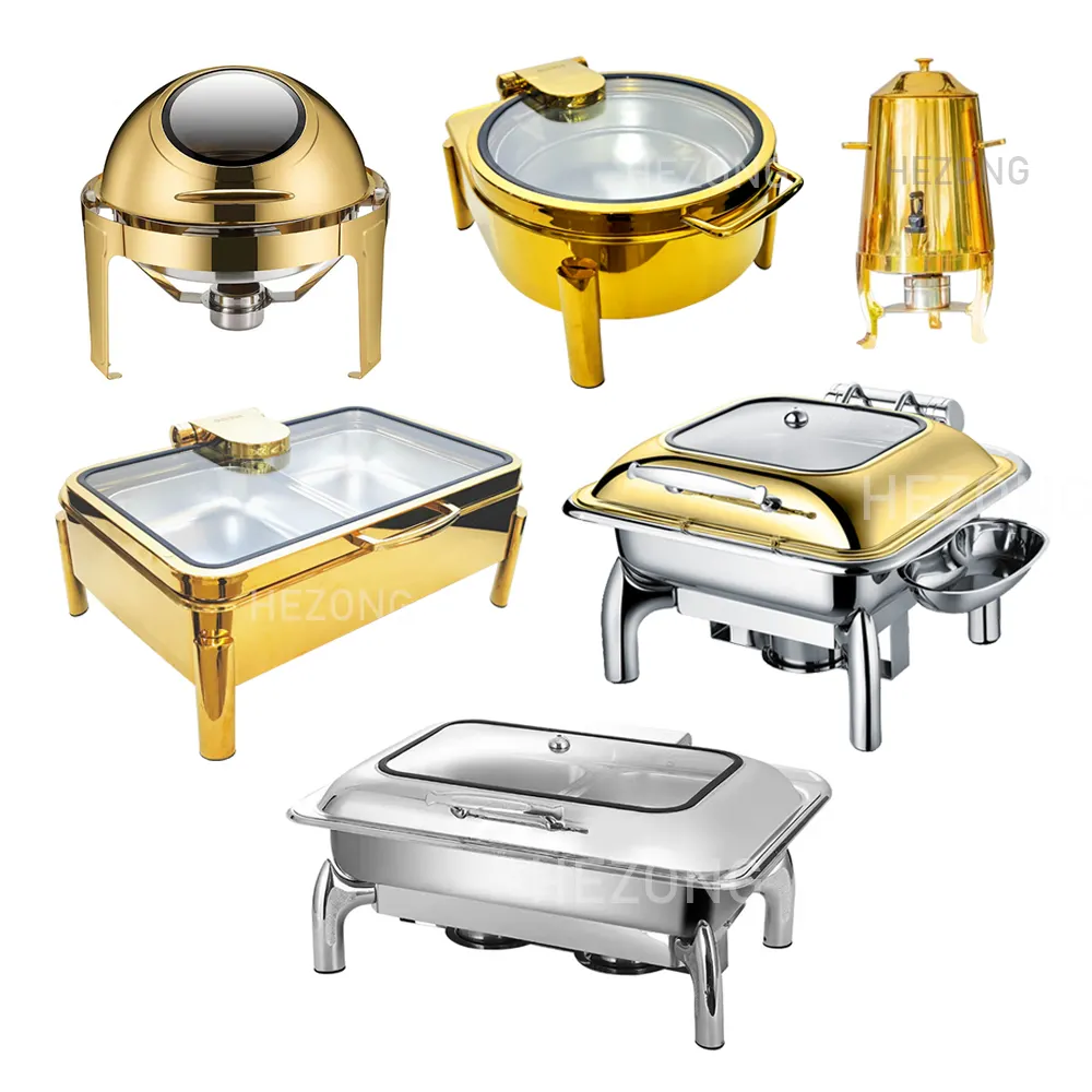 Fabricante Chafing Buffet Set Catálogo Servir Catering Calentador de alimentos de acero inoxidable Cheffing Gold Luxury Chaffing Dish