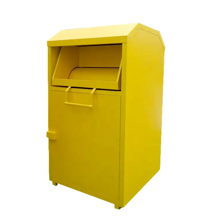Caixa de metal amarelo para reciclagem de roupas, recipiente grande para doações, design profissional, ideal para reciclagem de roupas por atacado