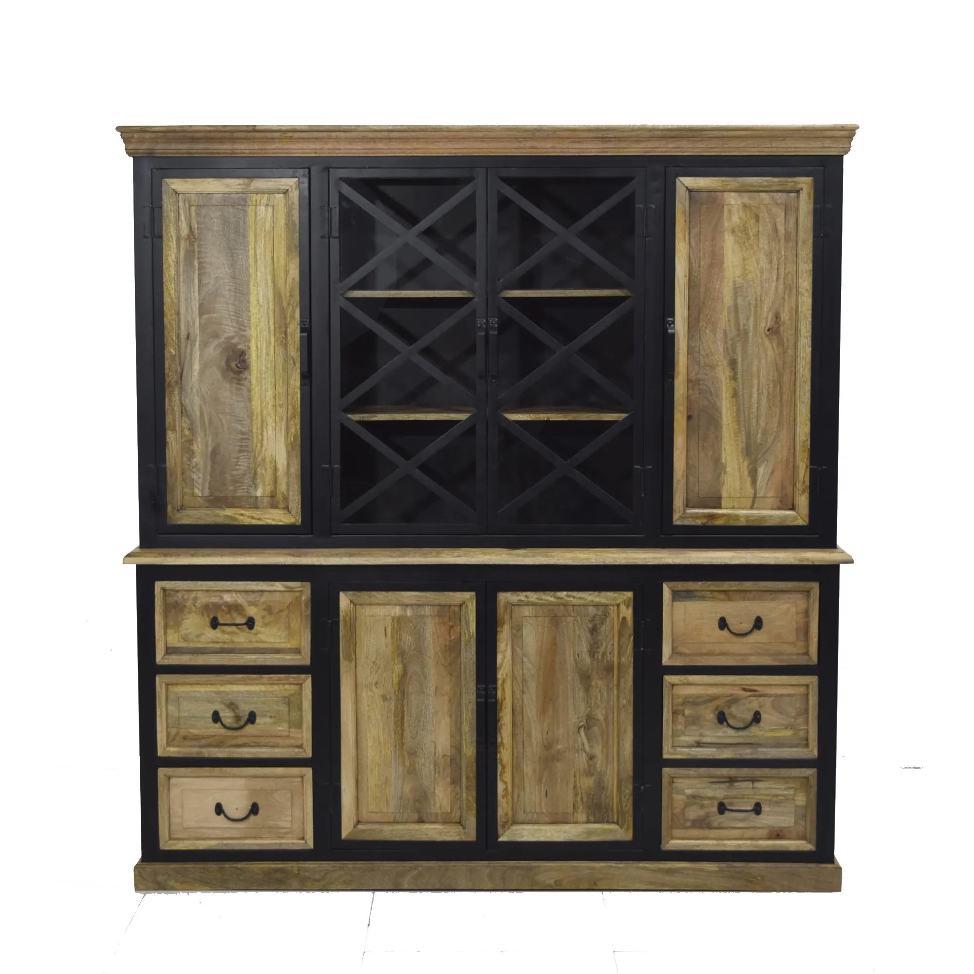 Meuble vintage indien en bois de manguier double partie porte en verre peint en noir armoire de rangement pour bibliothèque à la maison et à l'école