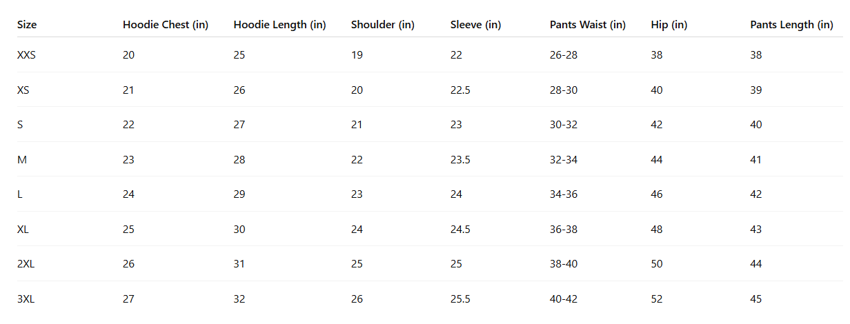 Basic Tracksuit Size Chart
