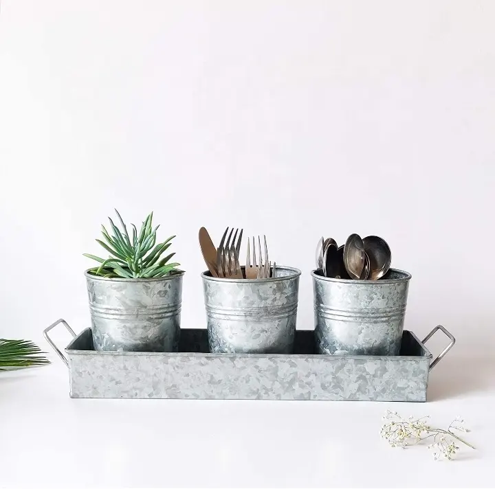 Gegalvaniseerd Ijzer Ronde Planter Decoratieve Kruid Pot Set Van 3 Stuk Tuin Metalen Bloempotten Met Lade Indoor En Outdoor decor