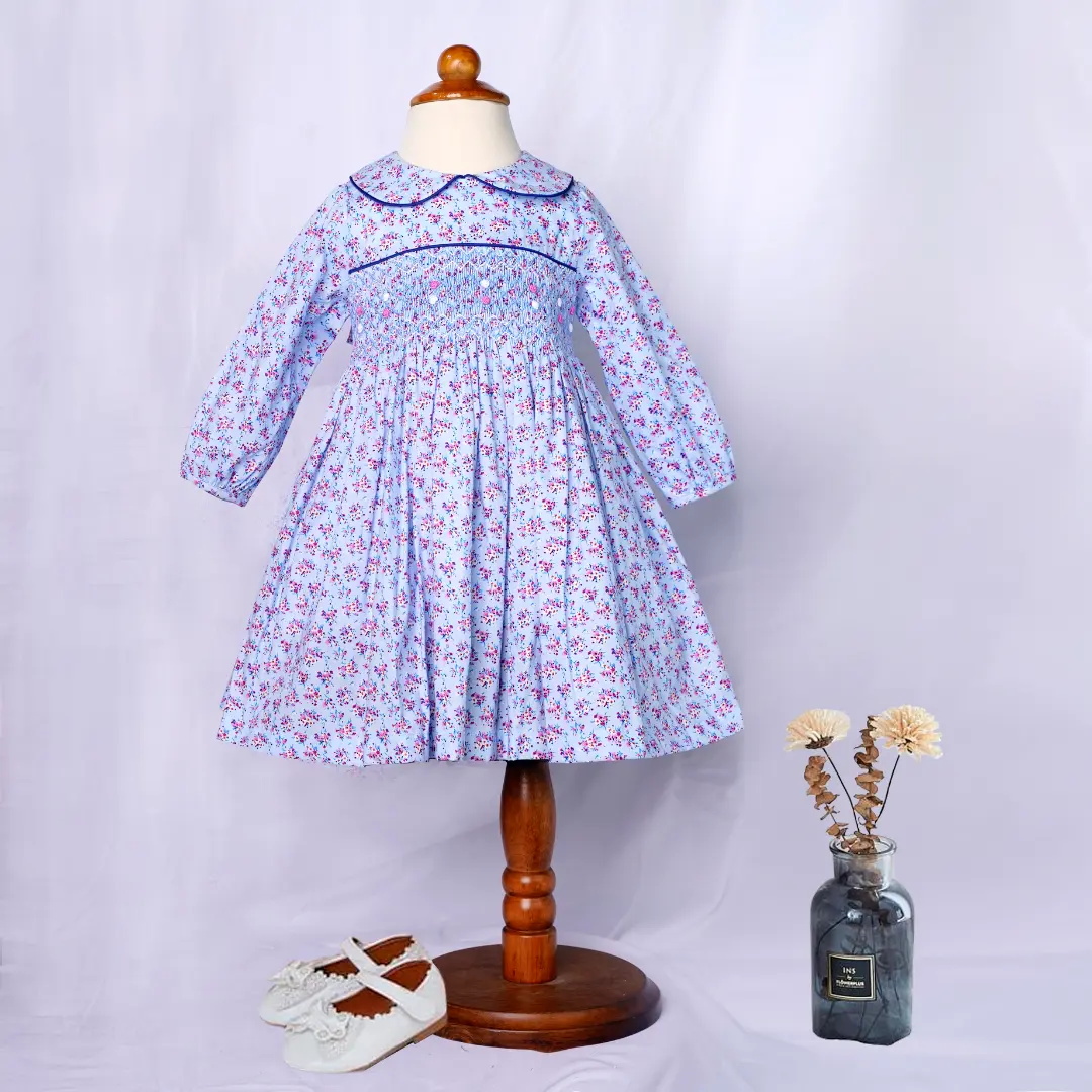 Smocked Lovely Girl Dress Baby Floral Sky Blue Winter 100% Cotton 2023