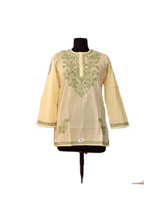 棉质印花刺绣短Kurti，带脖子和纽扣刺绣前纽扣开口 - Product Image 2