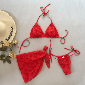 Kadın 3-Piece Set 5 renk üçgen üst ped Bikini brezilyalı arsız mayo plaj için Sarong CoverUp katı 3D çiçek desen yıkanmış - Product Image 5