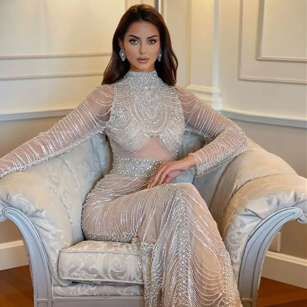 Jancember SCZ073 Luxo Cristal Prata Ilusão Cinza Dubai Vestidos de Noite para Mulheres Festa Sereia Long Prom Dress