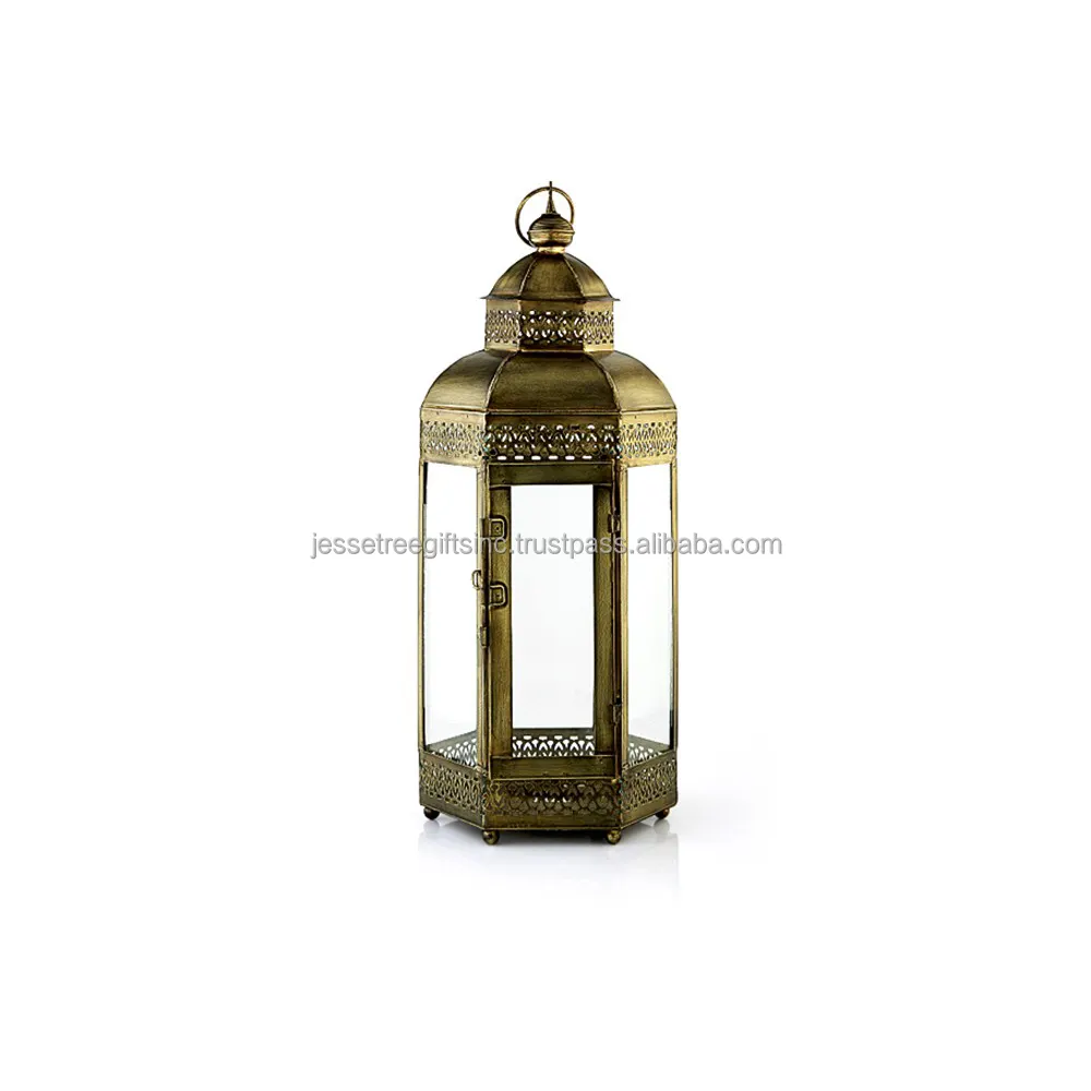 Metallo marocchino lanterna da tavolo con pannelli di vetro rame finitura forma esagonale semplice Design di buona qualità per la decorazione domestica