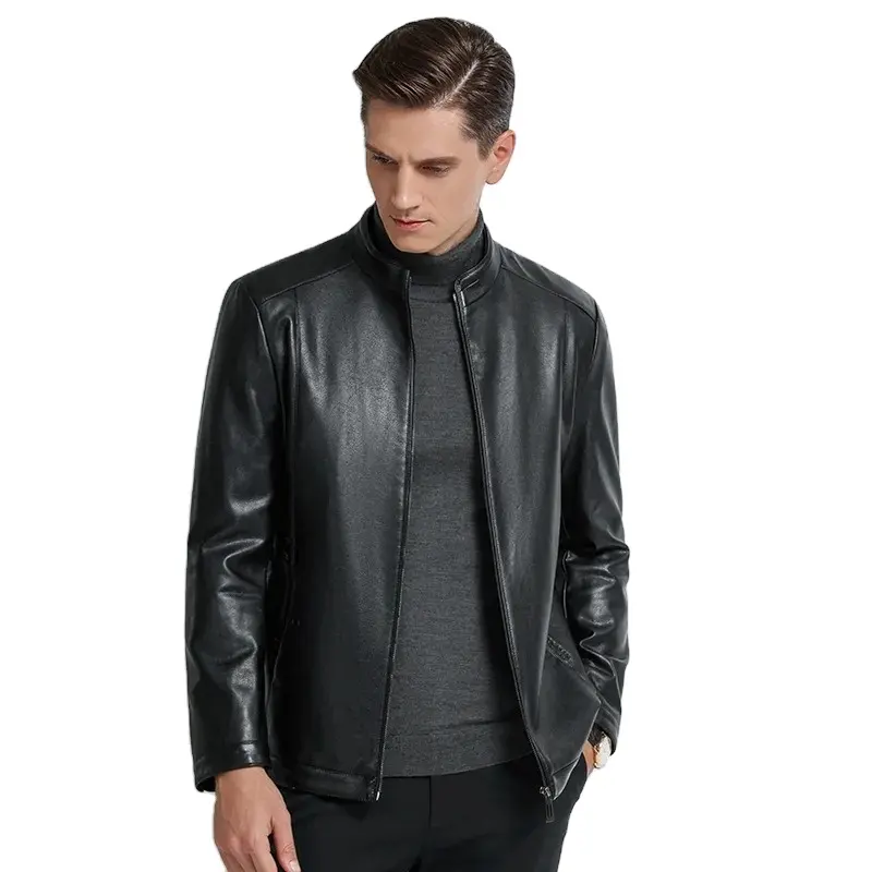 Winter fleece leather jacket for men warm and windproof solid color leather jacket for men