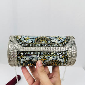 Handmade Modern Boho Ethnic Mother Pearl Mosaic Colorful <strong>Inlay</strong> Polished Sculpture Handmade Metal Cylindrical Clutch Bag Evening - Product Image 3
