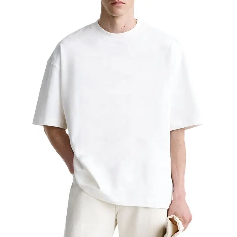綿100% カスタムロゴデザイン高級リブOネックオーバーサイズドロップショルダーストリートウェアブランクTシャツ男性用