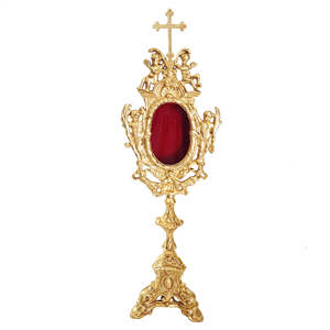 Metal Reliquary With Brass Finishing Triangular Base Embossed Design Best Quality With Cross <strong>Inlay</strong> for Display Wholesale <strong>Price</strong> - Product Image 1