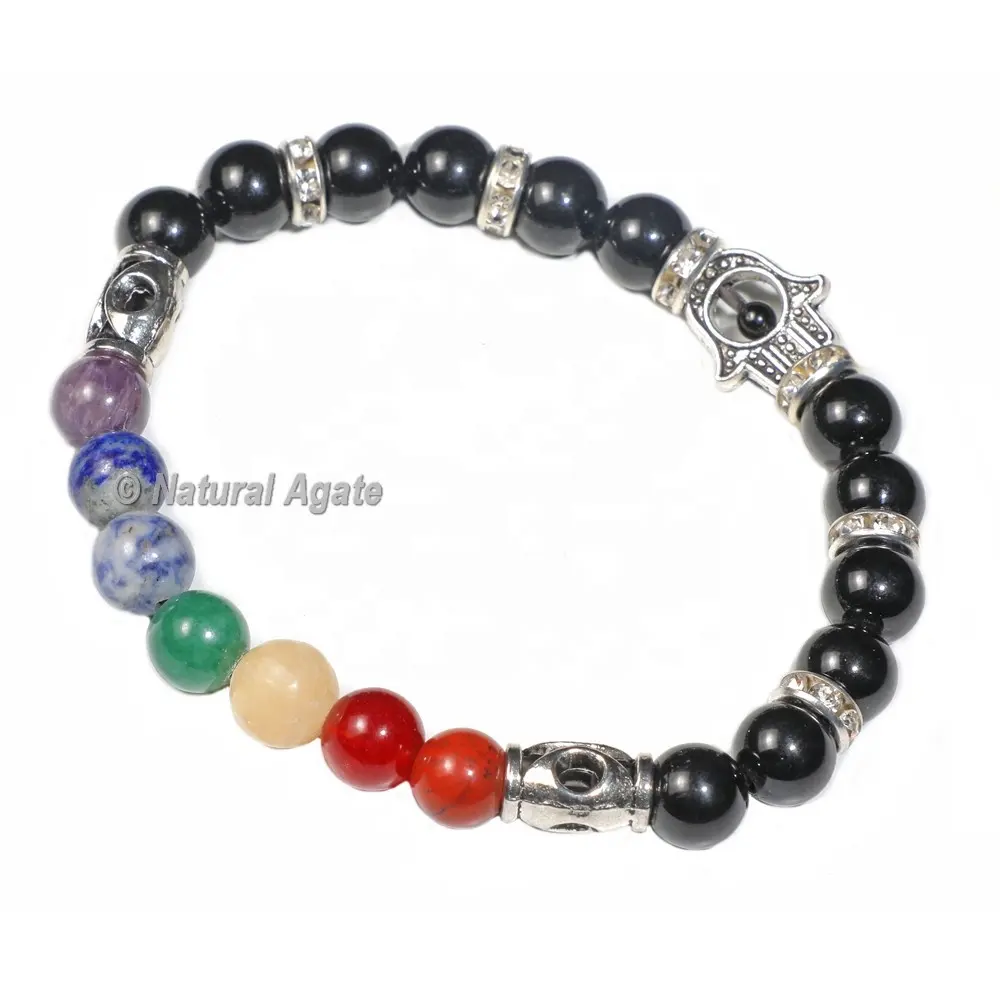 I più venduti 7 bracciali Chakra fatti a mano bracciale in pietra con perline Hamsa con gemma nera acquista a prezzo all'ingrosso