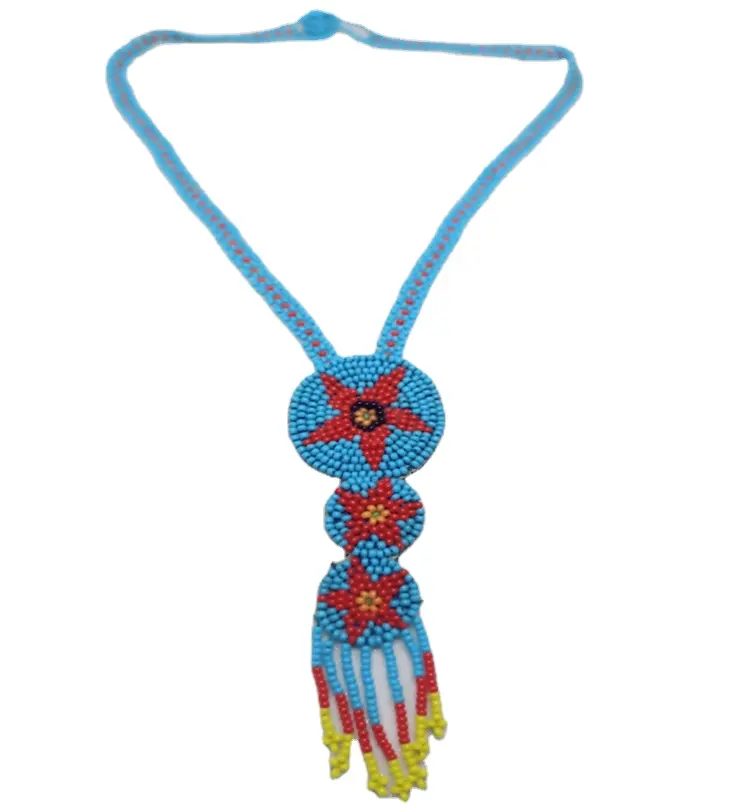 New Arrival Blue with red start at middle seed bead braided long Fringe handmade necklace for ladies