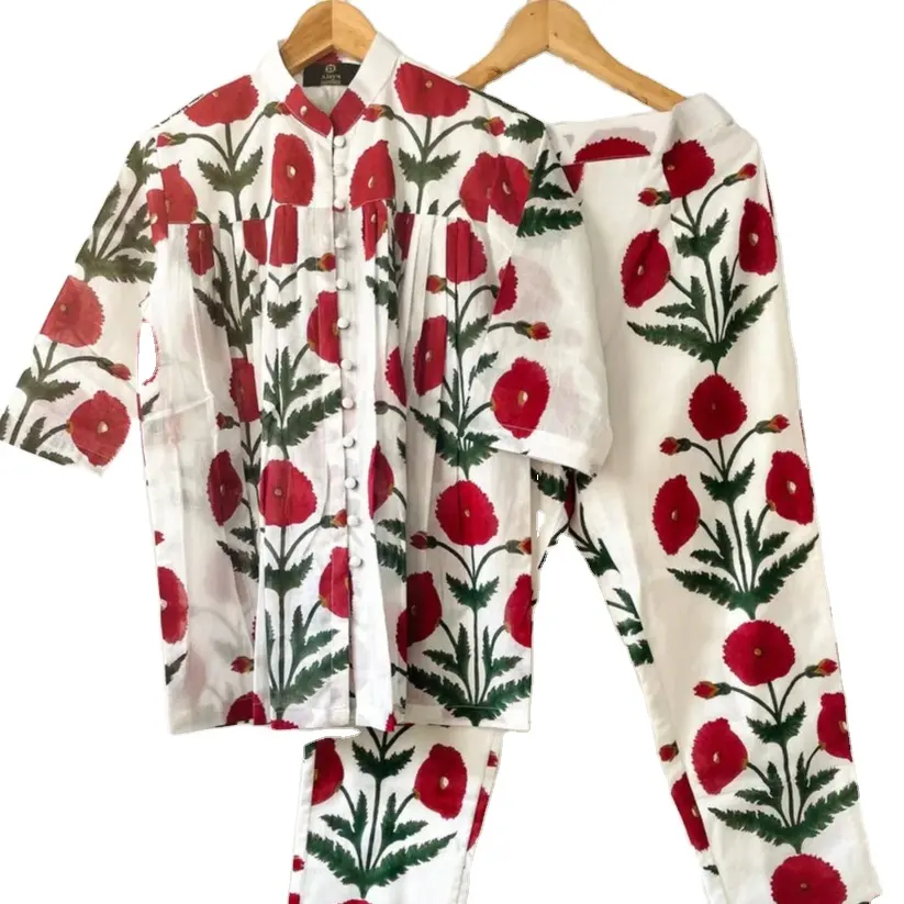 Marsala Poppy Blockprint Co-ord Set Vestido informal para mujer Cuello cerrado Vestido de mujer de algodón de fabricante y exportador indio