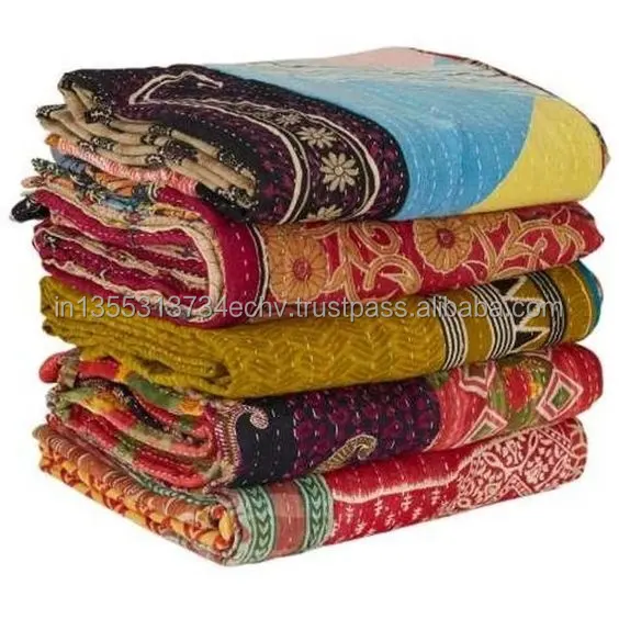 Handmade Patchwork Kantha Quilt bedspread reversible Throw Queen Bedding Made 100 % Cotton kantha Saree