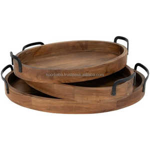 Modern European Luxury Living Room Display Serving <strong>Trays</strong> Round Acacia Wood and <strong>Gold</strong> with Elegant <strong>Pattern</strong> for Tea Serving - Product Image 2