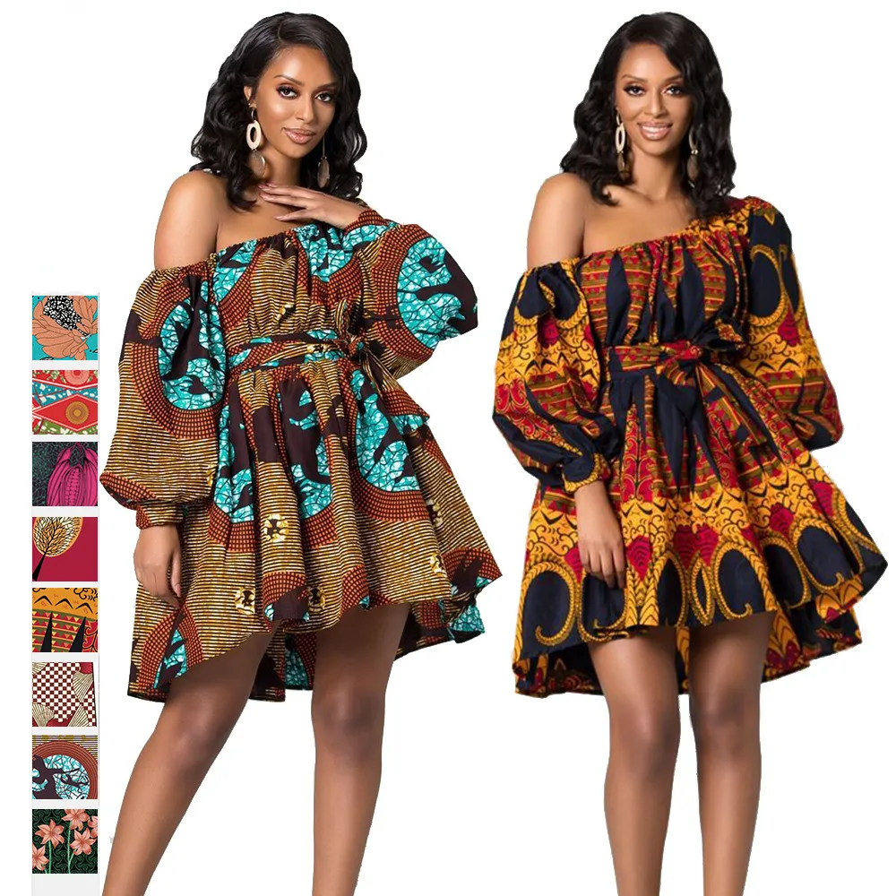 नई गर्म महिलाओं अफ्रीकी पोशाक फैशन मुद्रित Slanted कंधे लंबी आस्तीन मिनी पोशाक