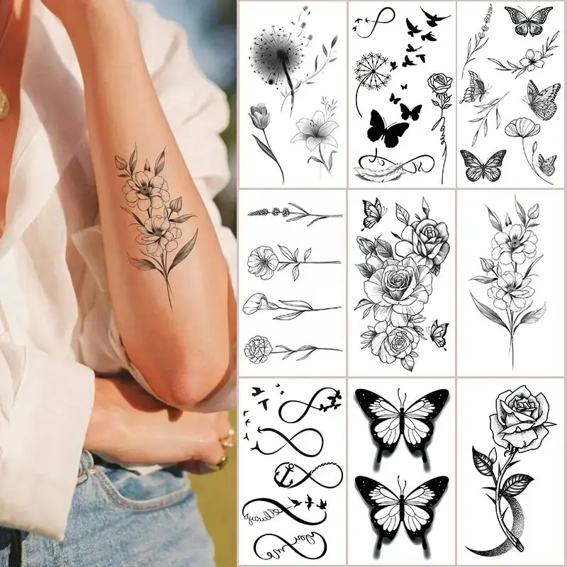 15 pçs adesivo de tatuagem pequeno de braço completo à prova d'água símbolo Totem flor animal carta tatuagem descartável