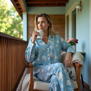 Made in India <strong>Auroral</strong> Cascades Women's Artisanal Blue Bird PJ <strong>Set</strong> Celebrating the Flow of Timeless Design Full Sleeves Shirt - Product Image 5