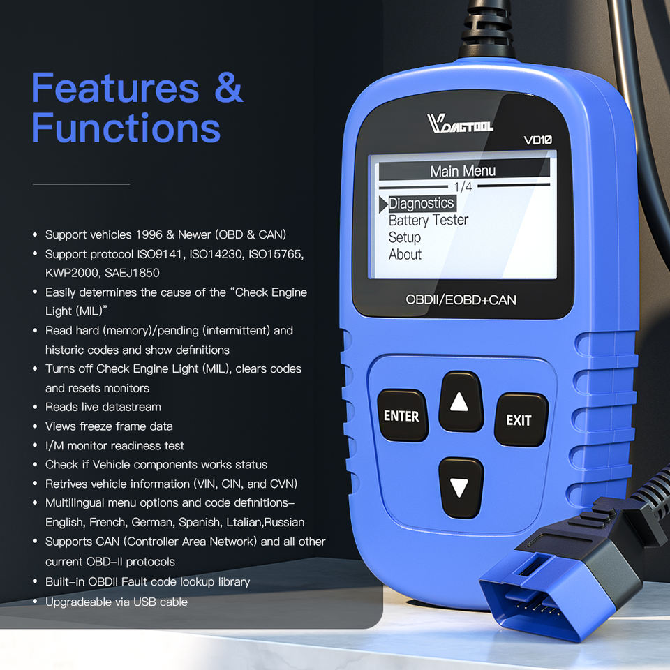 VDIAGTOOL VD10 OBD2 Scanner Code Reader Car Diagnostic Tool Engine Fault Code Reader for All OBDII Protocol Cars