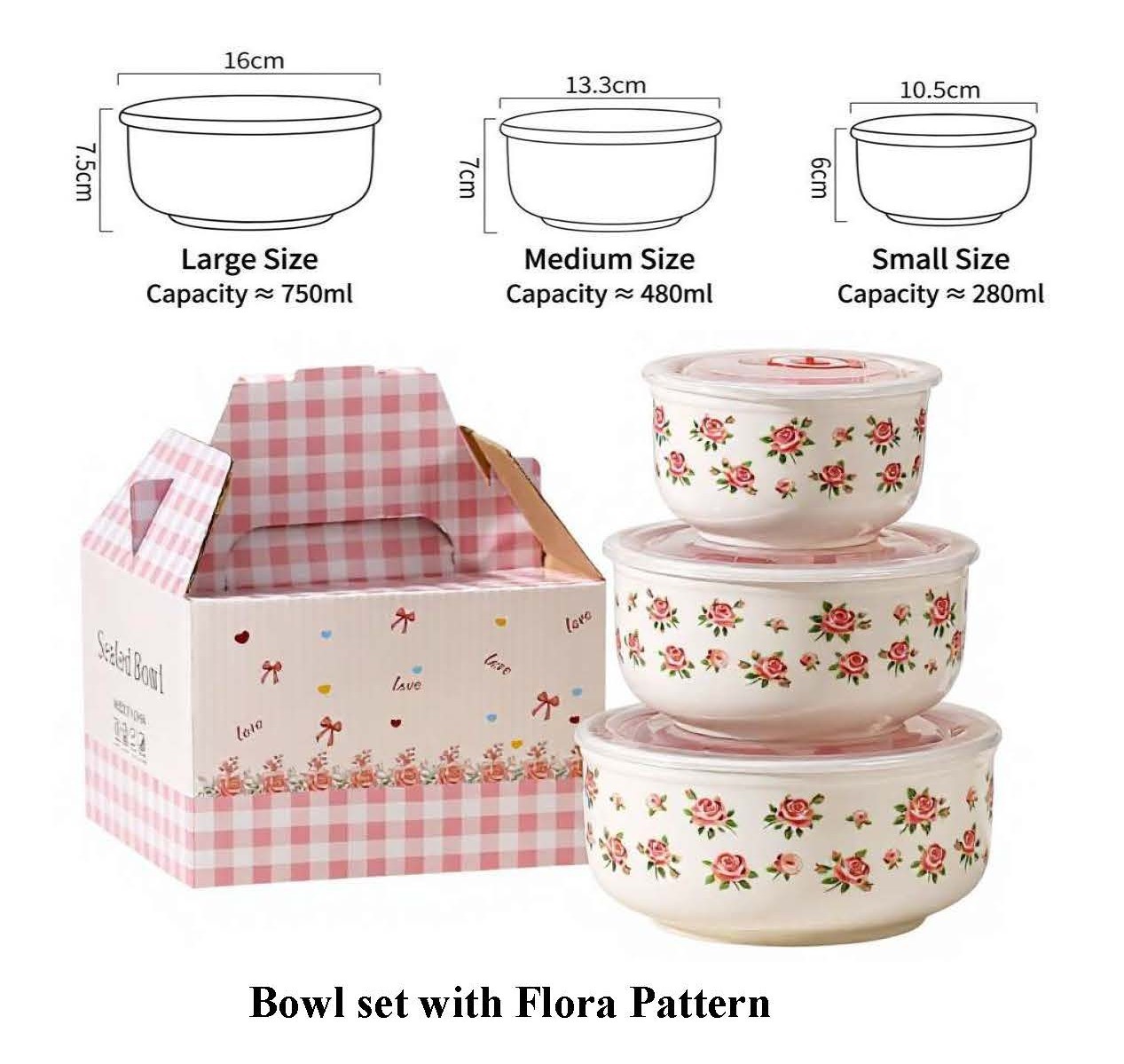 3-size bowl set with floral pattern