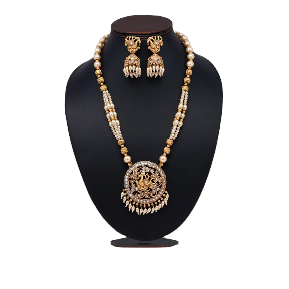 Hermoso conjunto de collar de templo de oro mate largo Premium con pendientes, joyería India para mujeres y niñas 2024 en precio al por mayor