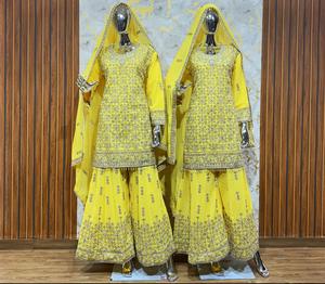 Zarif Georgette Gharara Plazo kış Zarkan taşlar nakış 2 tasarımlar için Set ağır Dupatta Salwar Kameez hint giyim - Product Image 4