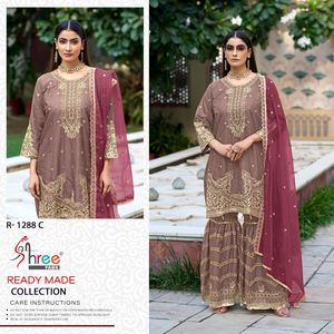 Organza Gharara Set With Boring &amp; Kasak Khatli Work, Embroidered Organza Dupatta With Lace, and Front-Back Work Sharara Bottom - Product Image 5