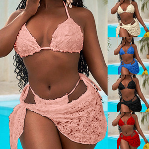 Kadın 3-Piece Set 5 renk üçgen üst ped Bikini brezilyalı arsız mayo plaj için Sarong CoverUp katı 3D çiçek desen yıkanmış - Product Image 1