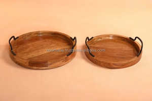 Modern European Luxury Living Room Display Serving <strong>Trays</strong> Round Acacia Wood and <strong>Gold</strong> with Elegant <strong>Pattern</strong> for Tea Serving - Product Image 4