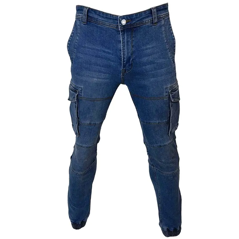Мужские джинсовые брюки с боковыми карманами, синие плиссированные штаны для бега, на заказ