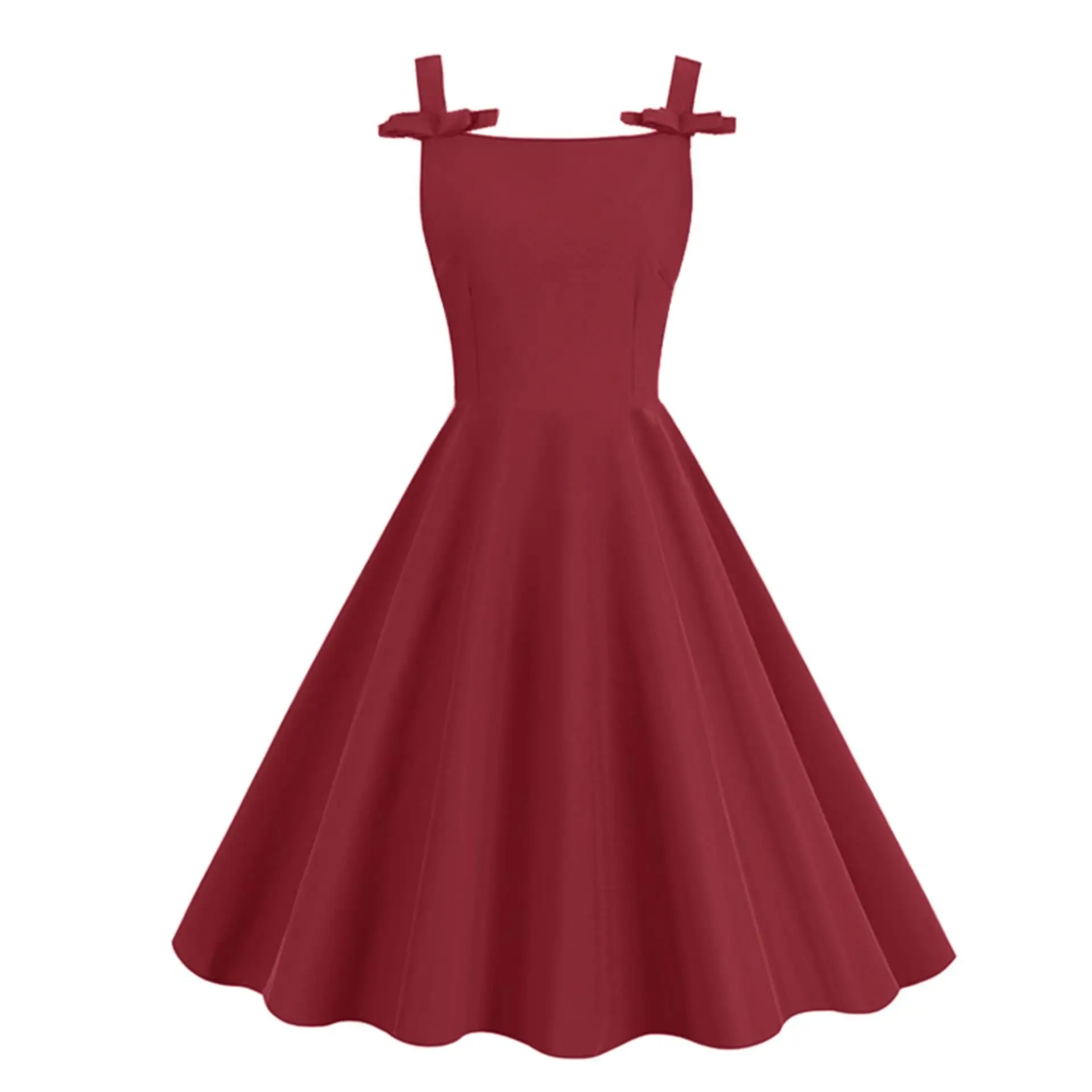 Spaghetti Strap Bow Vintage sólido rojo vestidos de fiesta Kawaii mujeres 50s Pinup cumpleaños fiesta ropa espalda descubierta Swing vestido SR1333