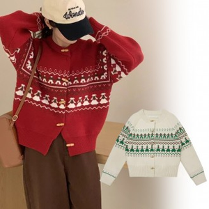 Cardigan da donna lavorato a maglia nordica con Design rotondo spesso e largo stile Tteokbokki rosso - Product Image 1