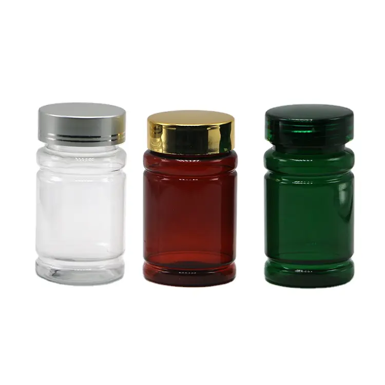 wholesale 80ml PET recycling plastic customized color medicine bottle for pill/vitamin/capsule with gold silver coating caps