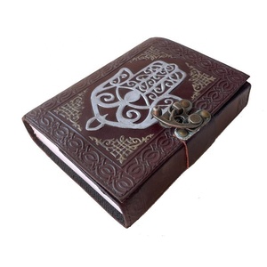 Hamsa Embossed <strong>Notebook</strong> Brown <strong>With</strong> Antique <strong>Color</strong> Handmade Unlined Cotton Paper Best Gift For Unisex Book of shadows Planner