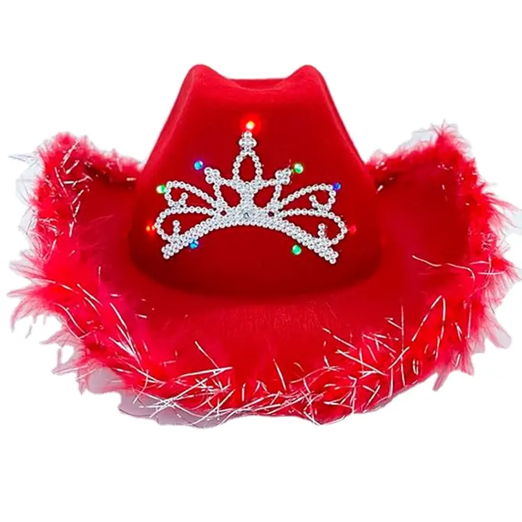 2024 novedades Hot Adult Light up Sombrero de vaquero con tiara y plumas Sombrero de vaquera con corona para fiesta