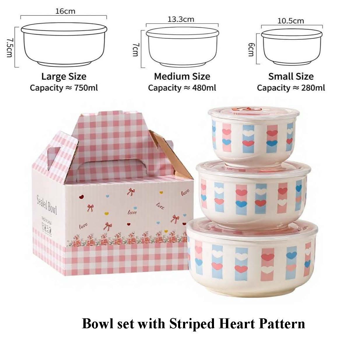 3 size bowls set blue heart pattern