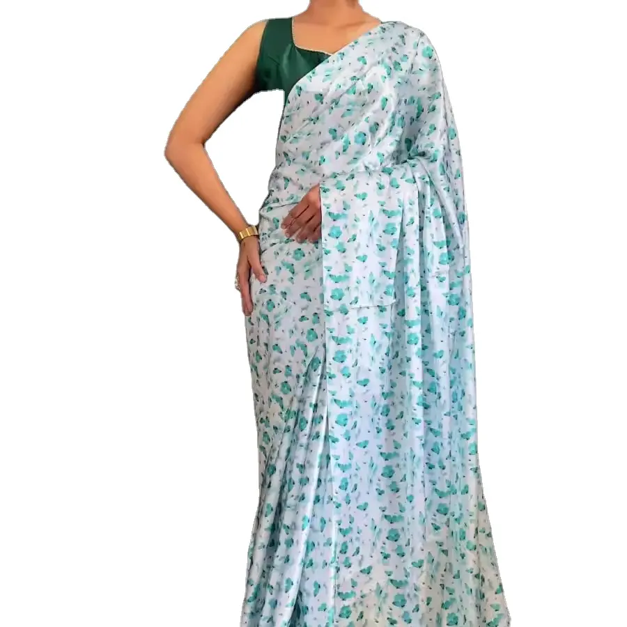 Sari in seta di raso spettacolare da esportatore indiano la rappresentazione finale del Look di classe per l'abbigliamento indiano e pakistano