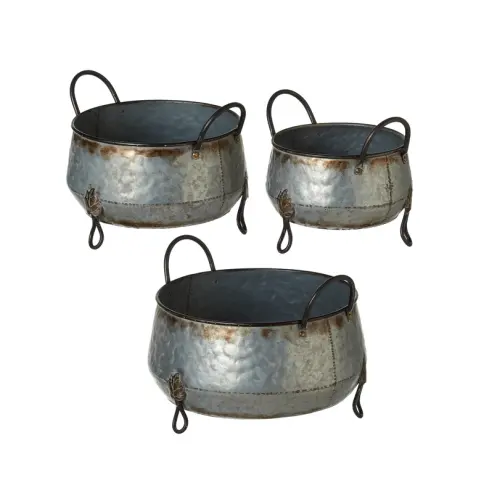 Best Verkopende Gegalvaniseerde Ronde Gevormde Metalen Ijzeren Planter Met Onderste Poten Decoratieve Set Van 3 Planter Met Standaard