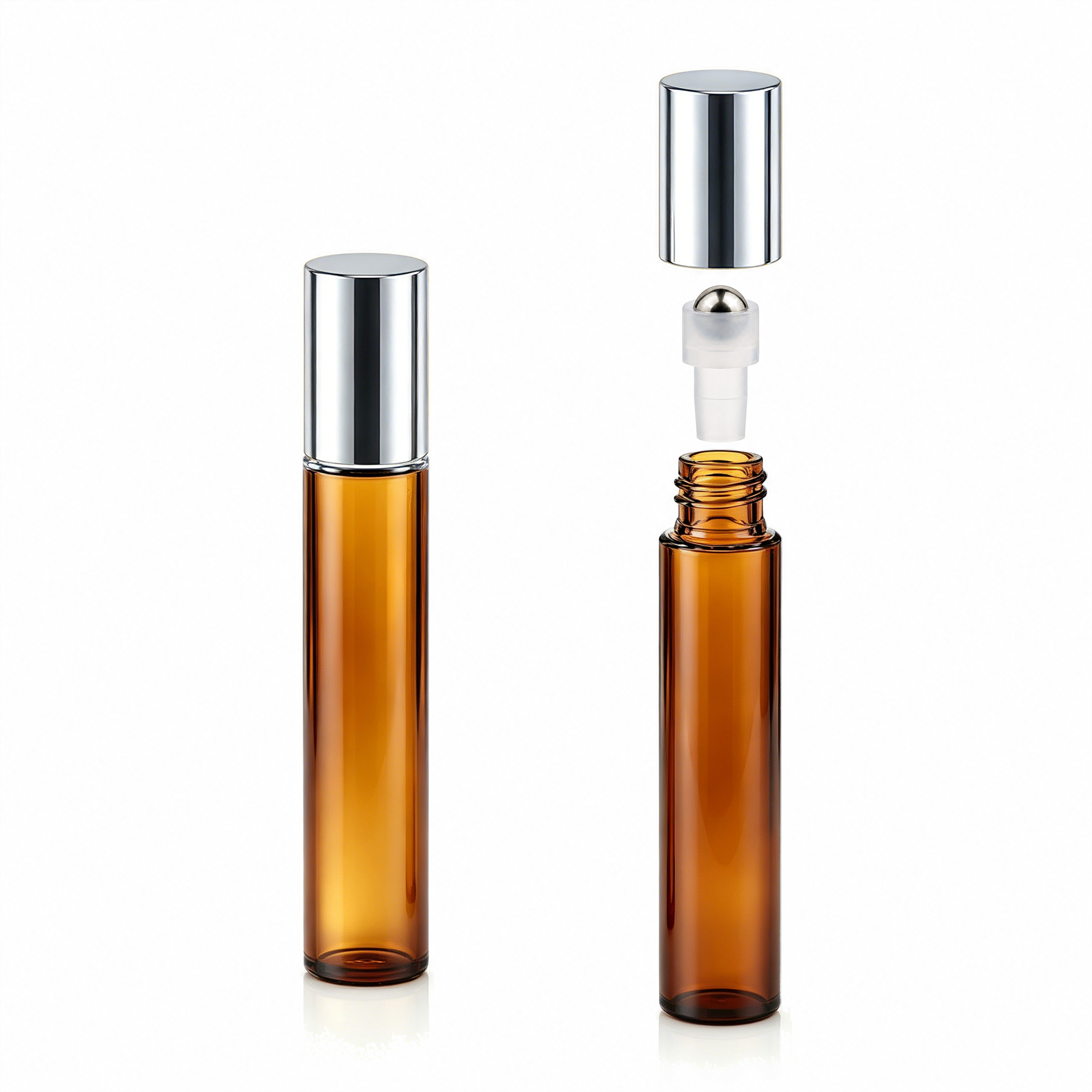 amber glass bottle + silver cap + steel ball