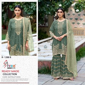 Organza Gharara Set With Boring &amp; Kasak Khatli Work, Embroidered Organza Dupatta With Lace, and Front-Back Work Sharara Bottom - Product Image 4