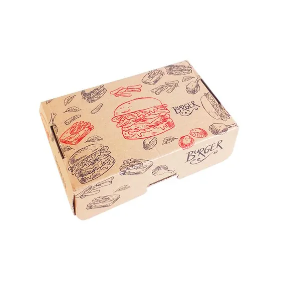 Scatola di hamburger marrone rettangolare ondulato per l'imballaggio alimentare Pattern personalizzato con nuovissima alta qualità